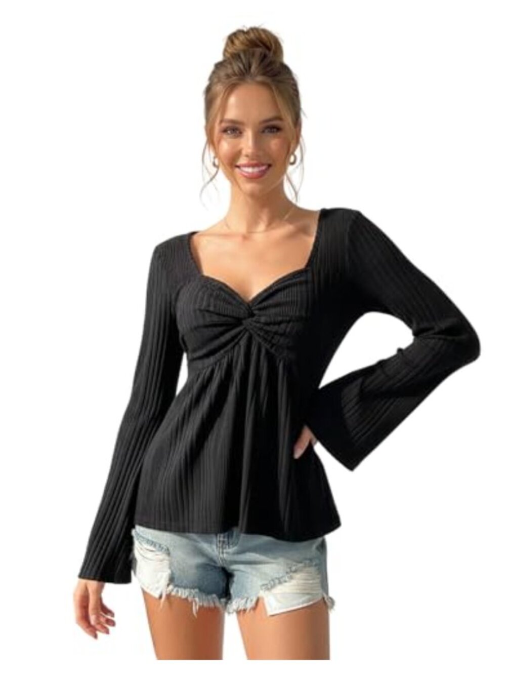 Winkbay Twist Front Peplum Babydoll Top Sweetheart Bell Long Sleeve Ribbed Knit